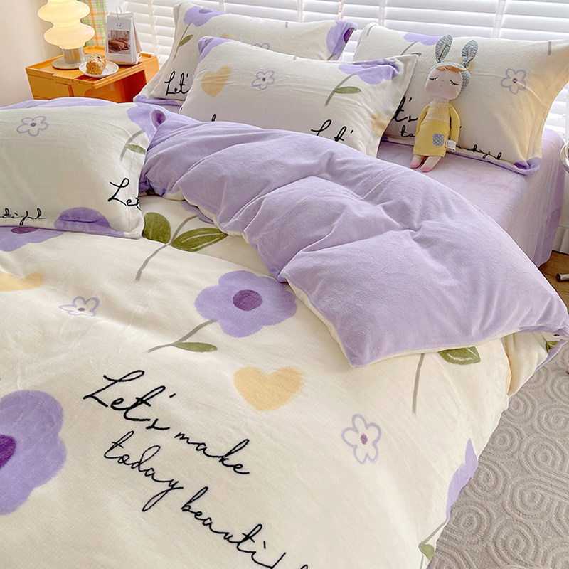 Coral Flannel Bed Four Pieces Of Winter Double Sided Falle Milk Suede Bed Linen sheets Three sets Caede Quilt Cover-Taobao