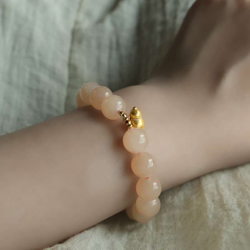 Natural Hetian Jade Bracelet with Lotus Root Pink Round Beads, 18K Gold Gourd, Niche Style, Elegant Women's Jewelry, Oily Jade Accessories, Versatile