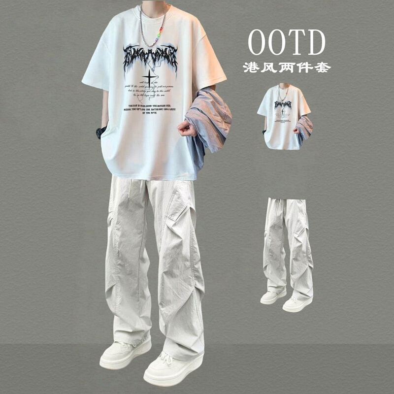 2026 Summer New Men's Loose Two-Piece Set Youth Casual Sports Suit Student Short-Sleeved T-Shirt and Long Pants