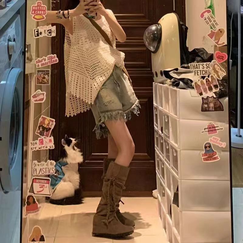 Three-Piece Set of Spring New Style Hollow Crochet Knitted Vest for Women + Inner Vest + High-Waisted Denim Shorts Set