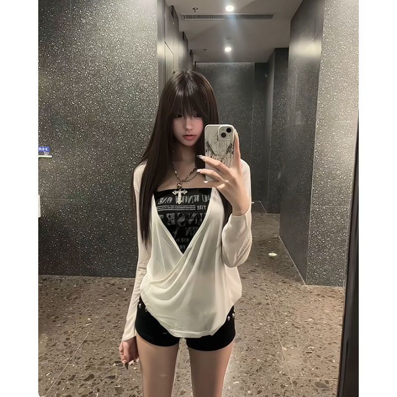 Casual Style Top Fashion Set for Women, Summer Hot Girl Outfit, Sun Protection Cover-Up, Letter Print Tube Top and Suspender Two-Piece Set