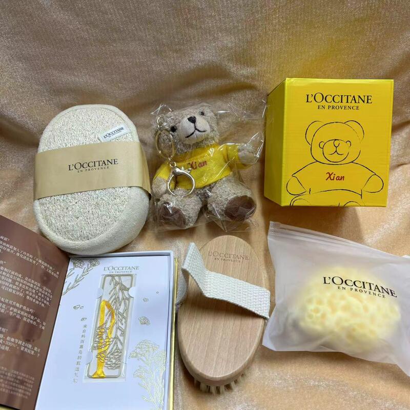 L'Occitane-Themed Hand Cream Sponge Bath Ball Bear Keychain Pendant Embroidery Patch Southern French Canvas Drawstring Pouch