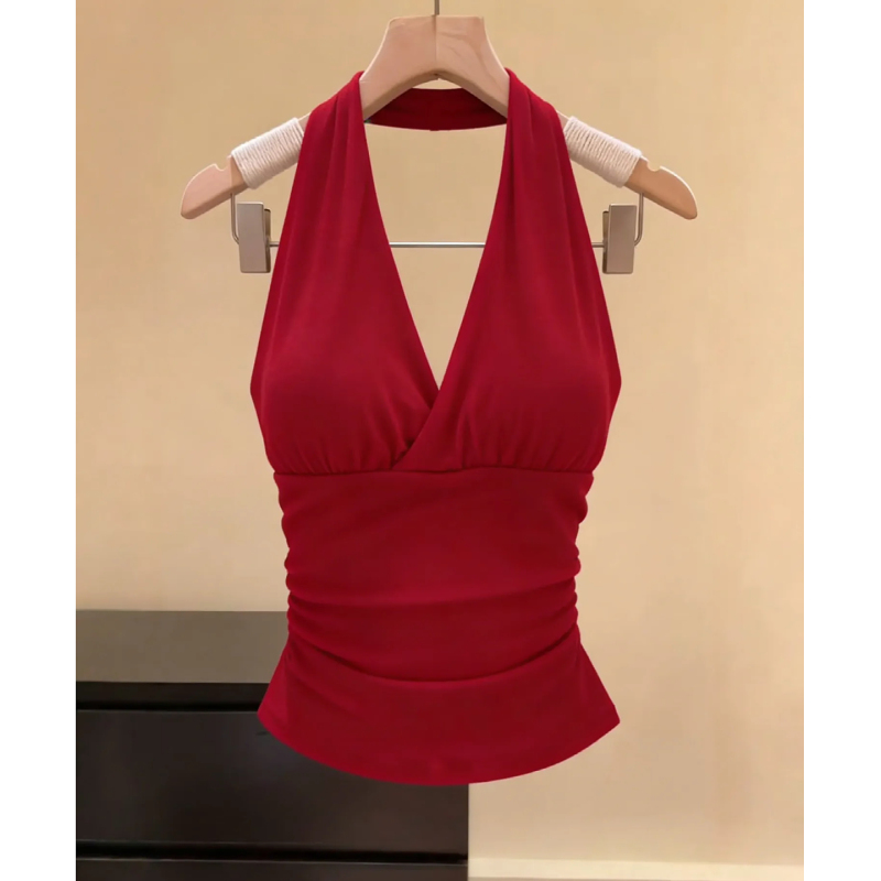 Purely Sexy V-Neck Halter Neck Camisole for Women, Summer Inner Wear or Outer Wear, with Chest Pads, Slim Fit, Sexy Backless Top