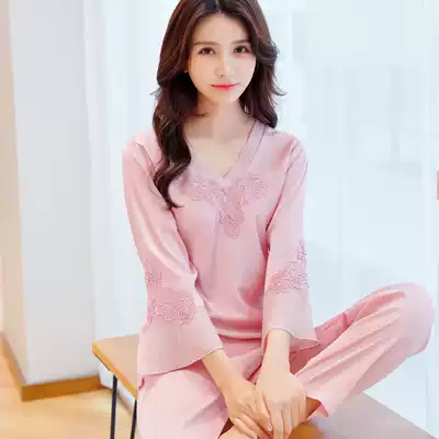Large size pajamas women's spring and autumn long-sleeved ice silk two-piece suit silk can be worn outside silk thin high-end home clothes