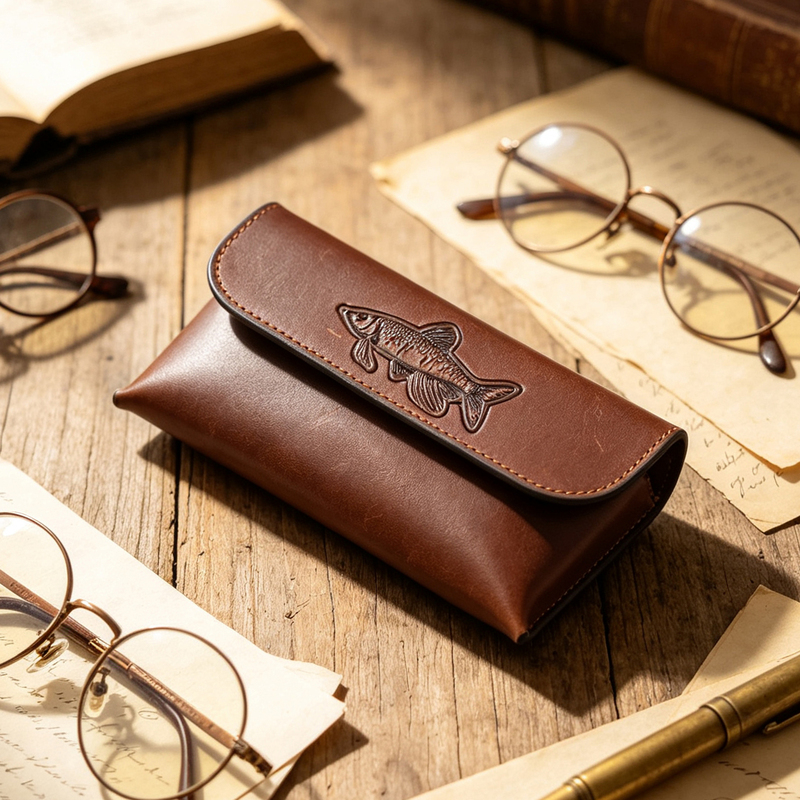 Original Fish-Patterned Handmade Genuine Leather Glasses Case for Men, Made of Top-Layer Cowhide, Vintage Portable Anti-Pressure Glasses Storage and Protective Cover