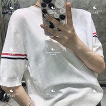 Thom Browne double sleeve mark male and female section TB Leisure 100 lap-led knit cardiovert jacket minimalist short sleeve