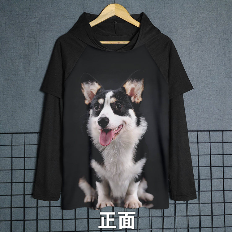 歐美潮牌柯基犬3d動物帶狗狗印花圖案假兩件連帽長袖男女t恤春秋