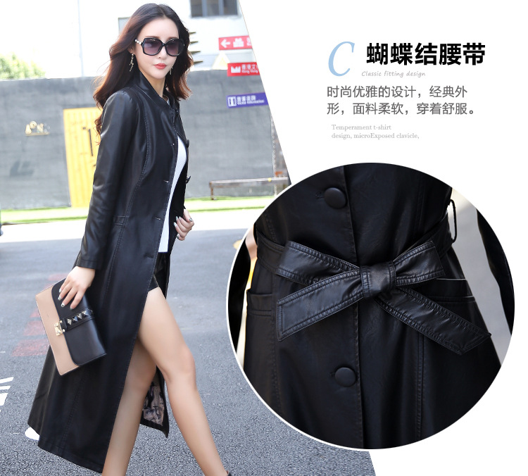 Quần áo da nữ chất lượng cao 18 mùa thu và mùa đông chất lượng cao và áo khoác dài đầu máy cỡ lớn cộng với áo gió bằng da áo da cừu