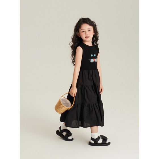 senbaby children's clothing children's dress girls summer new casual skirt medium and large children black kitten T-shirt splicing skirt