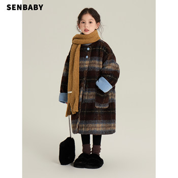 Senbaby children's clothing, winter clothing, children's new year woolen coat, girls' cotton woolen coat, plaid coat