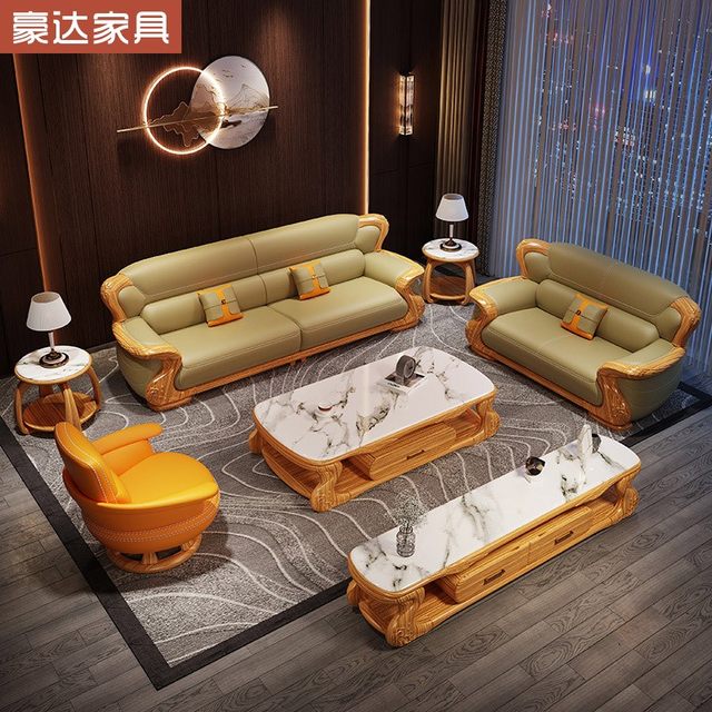 New Chinese style big black gold solid wood layer cowhide sofa 124 combination villa large flat floor living room whole house furniture