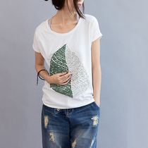 21 summer new literary simple joker top printed leaves cotton casual round neck short sleeve t-shirt women