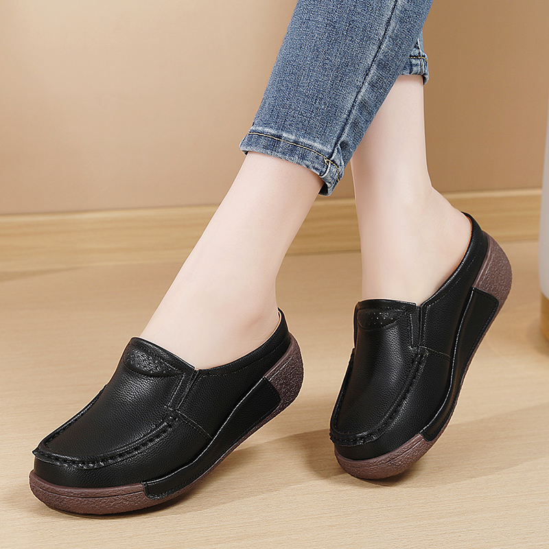 Women's Summer Outdoor Leather Soft-Soled Slip-On Mules with Platform Thick Sole