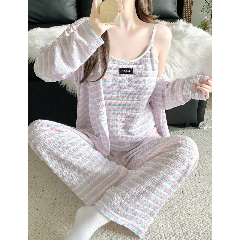 Victoria Pure Cotton Pajamas for Women Spring and Summer Striped Contrasting Color Knitted Suspenders with Chest Pads Long Sleeves and Long Pants Home Wear