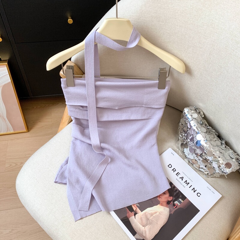 French-Style Slimming Tank Top with Irregular Pleats, Sleeveless Hem, Tube Top for Women, Summer Outerwear with Ribbon Knit Top