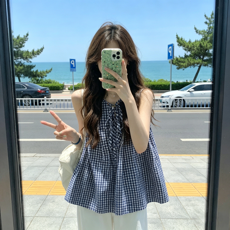 Korean Sweet Girl Blue and White Plaid Sleeveless Shirt for Women, New Summer Style, Loose and Sweet, Age-Reducing Vest Top