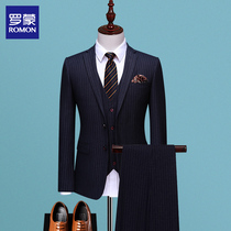 Romont Business Fashion mens suit suit Korean version with three sets of youth stripes Western suit positive for men