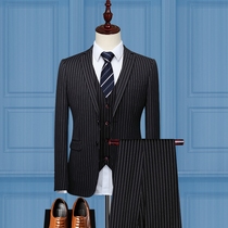 Romon suit suit mens self-cultivation youth business professional dress casual striped suit mens British style three sets