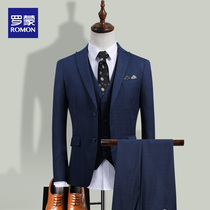 Roemon Plaid Suit Suit Mens Three Sets of Korean Edition Suits Business Casual to Work Meeting Gentlemen Positive Dress
