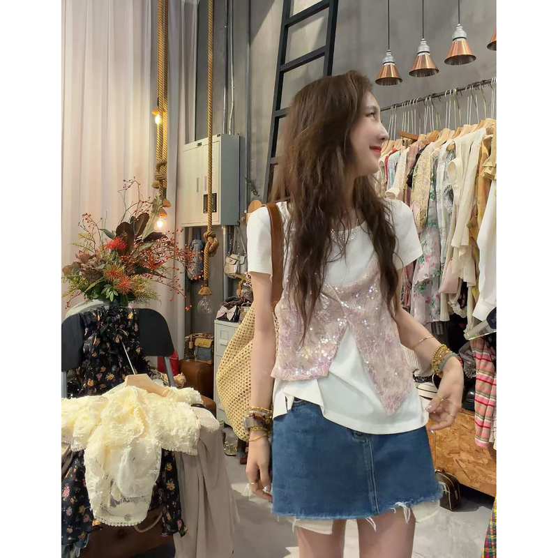 [Sura] Korean-Style Elegant Lace Sequin Camisole Short-Sleeve T-Shirt Two-Piece Set S60619579