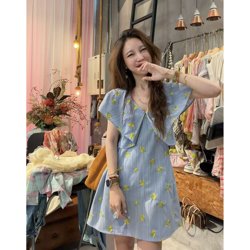 [Sura] Korean-Style Elegant Design Casual Striped Embroidered Floral Dress Set Q60522672