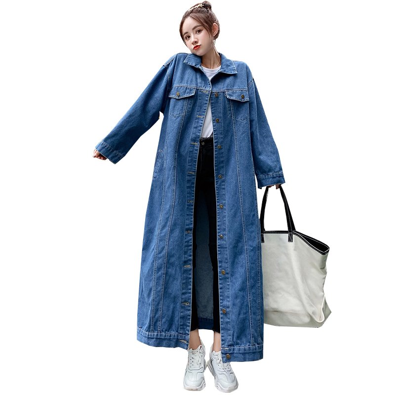 Denim rãnh áo cô gái mùa xuân và mùa thu 2020 mới dài đến đầu gối Hàn Quốc phiên bản loose-fitting waitmore áo khoác thủy triều