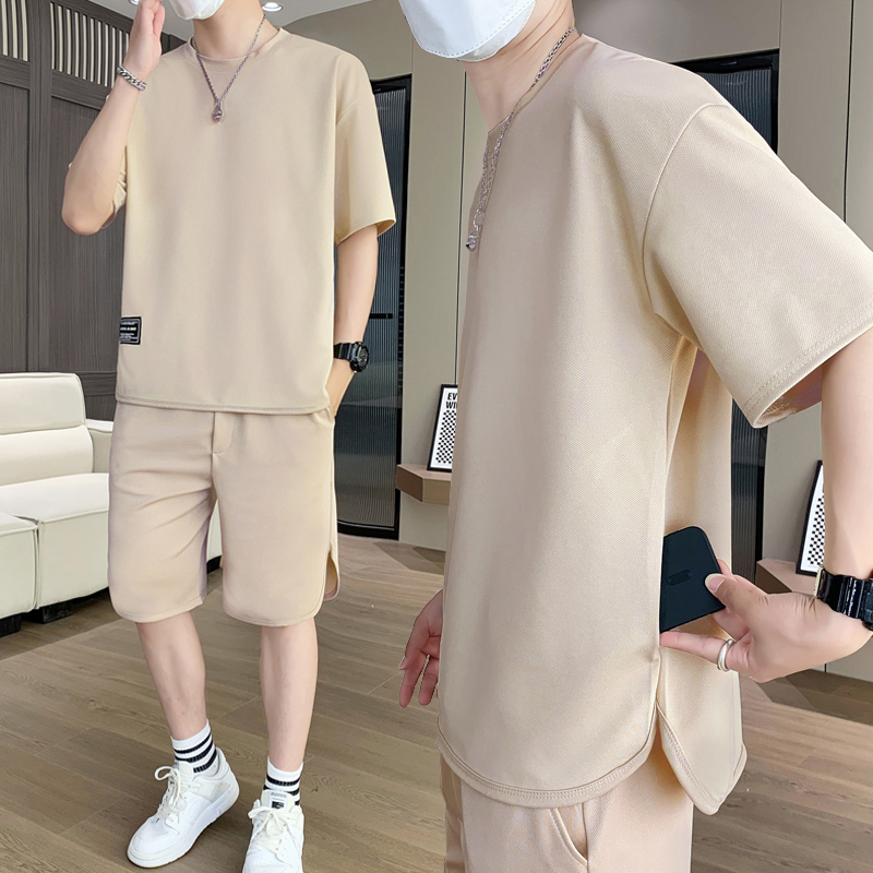 Short-Sleeved Suit for Men, Summer Thin Style with Side Pockets, Hem Slit, Loose Casual Solid Color Pineapple Pattern T-Shirt Clothing