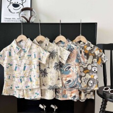 Рубашка детская 男童夏季新款polo领套装儿童覆古港风印花短袖衬衫潮酷设计两件套 Jifanpaul
