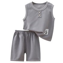 Childrens vest shorts suit 2024 new style boys and girls sleeveless top solid color foreign style fashionable summer wear breathable
