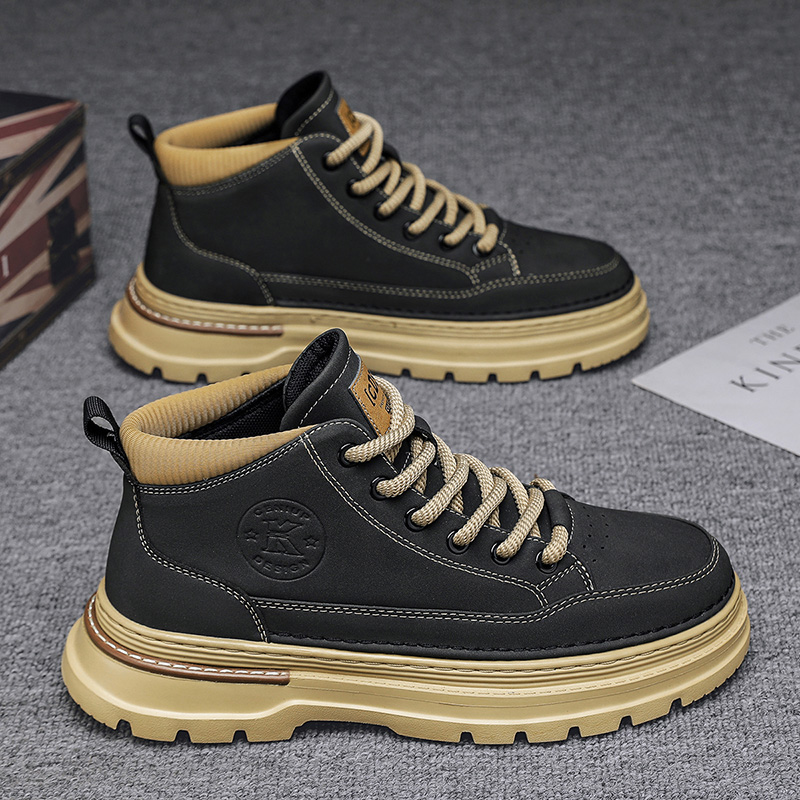 2025年秋冬新作、黒のトレンドマーティンブーツ、メンズミッドカットワークブーツ、カジュアルオールマッチノンスリップメンズシューズ