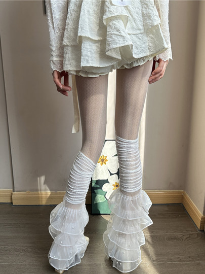 腿套辣妹夏季白色千禧亚文化y2k阔腿袜套甜辣洛丽塔喇叭小腿日系