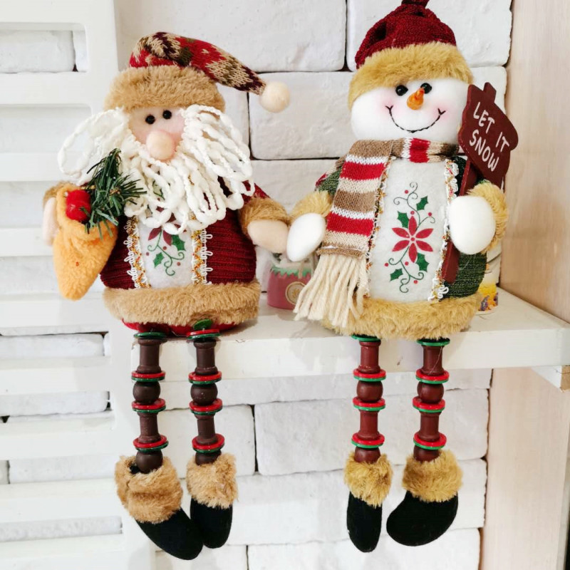 Christmas Decorations Tabletop Ornaments Sitting Snowman Wooden Bead Long-Legged Fabric Doll Santa Claus Figurine