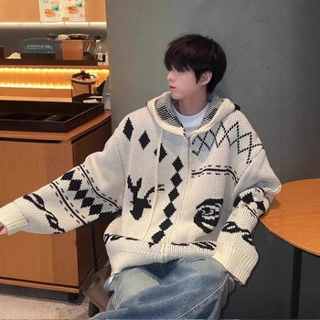 Knitted Cardigan Christmas Hooded Cardigan Sweater for Men and Women Autumn and Winter Korean Style Lazy Couple Knitwear Jacket