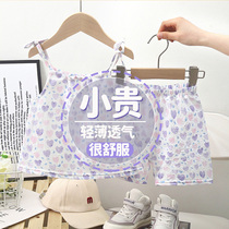 Childrens Floral Camisole Baby Vest Casual Two-piece Set 2024 New Girls Wear Shorts Set Western Style Childrens Clothes