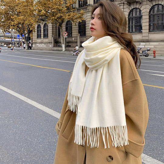 Schal Damen Winter 2025 neuer weißer koreanischer Stil vielseitiger High-End-Kaschmirimitat einfarbig verdickter warmer Schal Herbst