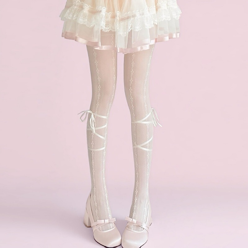 Japanese-Style Lolita Lace-Up Bowknot White Silk Pantyhose for Girls, Anti-Snagging, Pure Desire Lolita Ballet Style Black Silk Tights Japanese-Style Lolita Lace-Up Bowknot White Silk Pantyhose for Girls, Anti-Snagging, Pure Desire Lolita Ballet Style Black Silk Tights