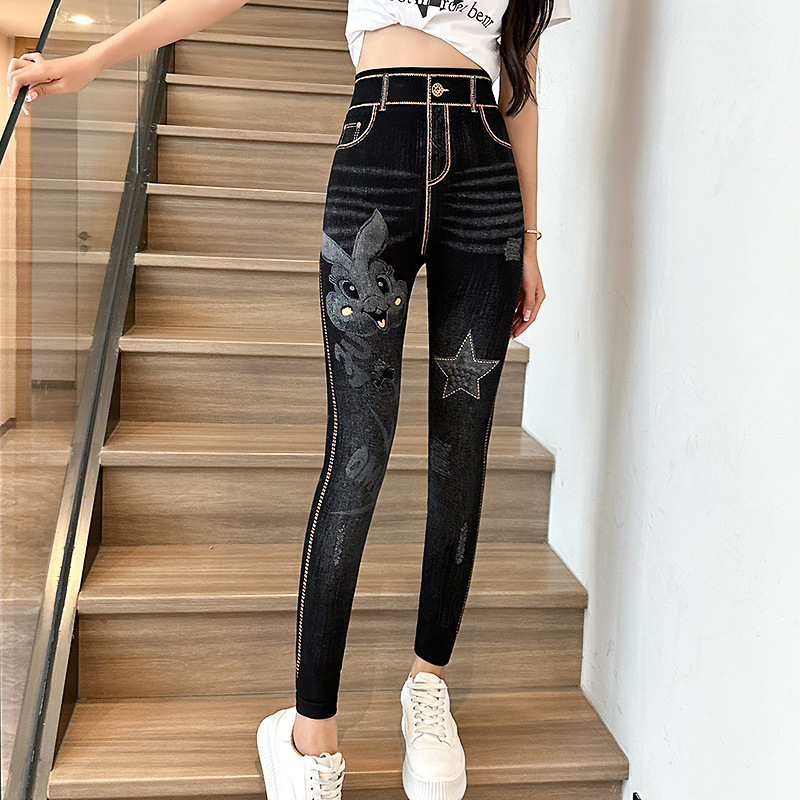 Summer New Style Faux Denim High-Waisted Cropped Leggings for Women 2026 High-Elastic Skinny Pants