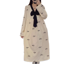 Pajamas for women 2024 new spring and autumn woven V-neck big bow pullover long-sleeved long skirt sweet home wear
