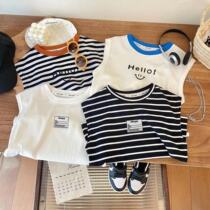 Boys and girls 2024 new summer striped vest baby summer T-shirt tops childrens fashion casual childrens clothing trend