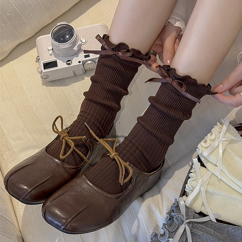 Brown Socks with Small Leather Shoes, Vintage Brown Slouch Socks, Autumn Women's Socks, Mid-Calf Socks, Bow-Knot Long Socks Brown Socks with Small Leather Shoes, Vintage Brown Slouch Socks, Autumn Women's Socks, Mid-Calf Socks, Bow-Knot Long Socks