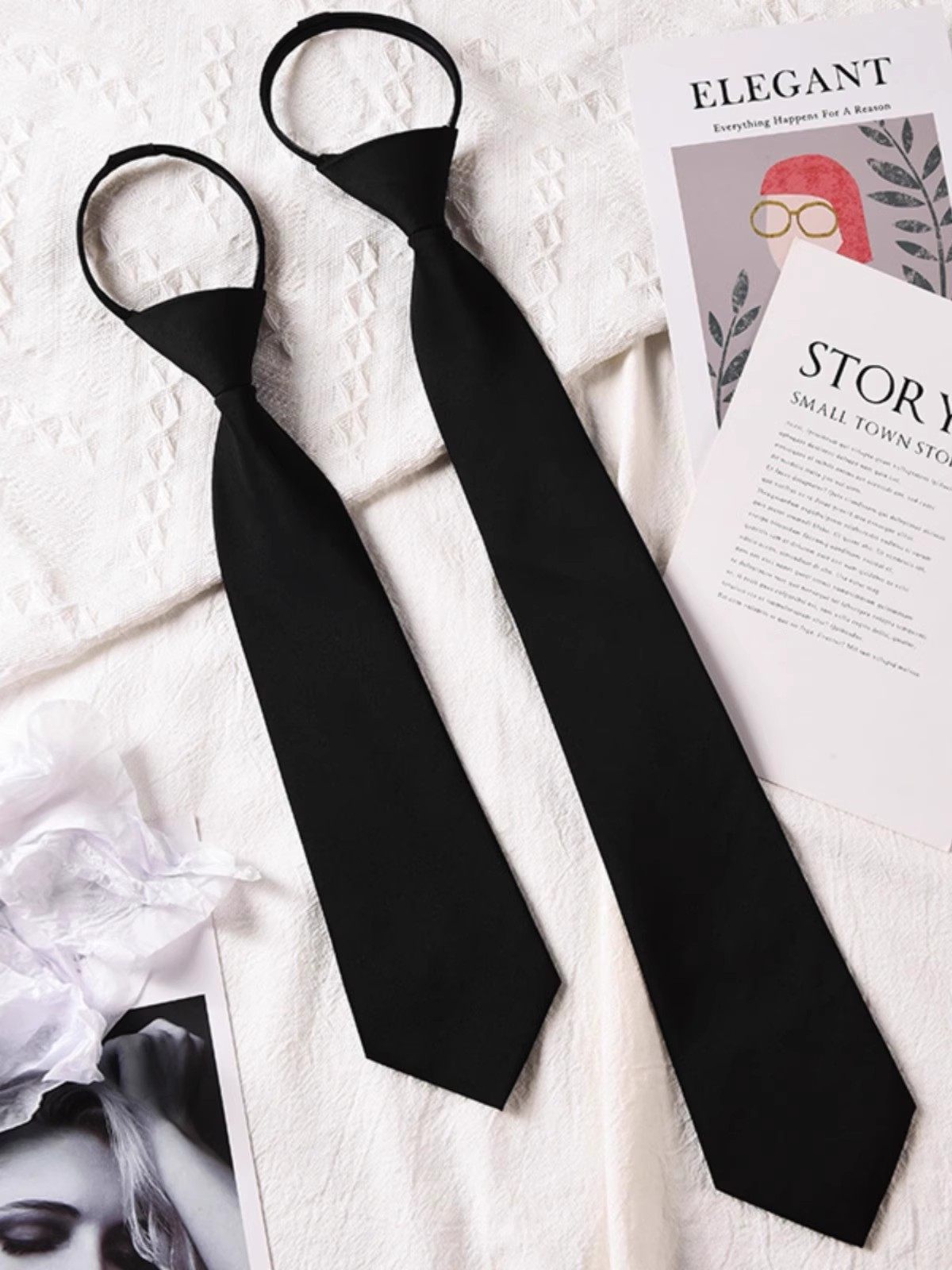 Black Tie Shirt for Men, College Style, Zip-Up Bow Tie, Student Korean Style, No-Tie Design, Unisex Decorative Trendy Accessory