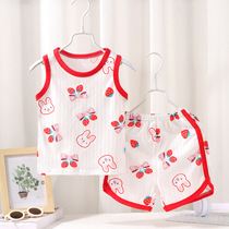 Childrens pure cotton vest set sleeveless T-shirt shorts 2024 summer thin suspender baby pajamas breathable childrens clothing