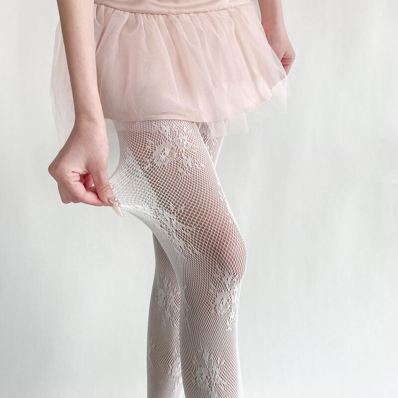 Milky White Pantyhose with Retro Hollow-Out Pattern, Mesh Stockings, Jk Pure Desire Style, Sexy Lace Trim, Thin Silk Stockings