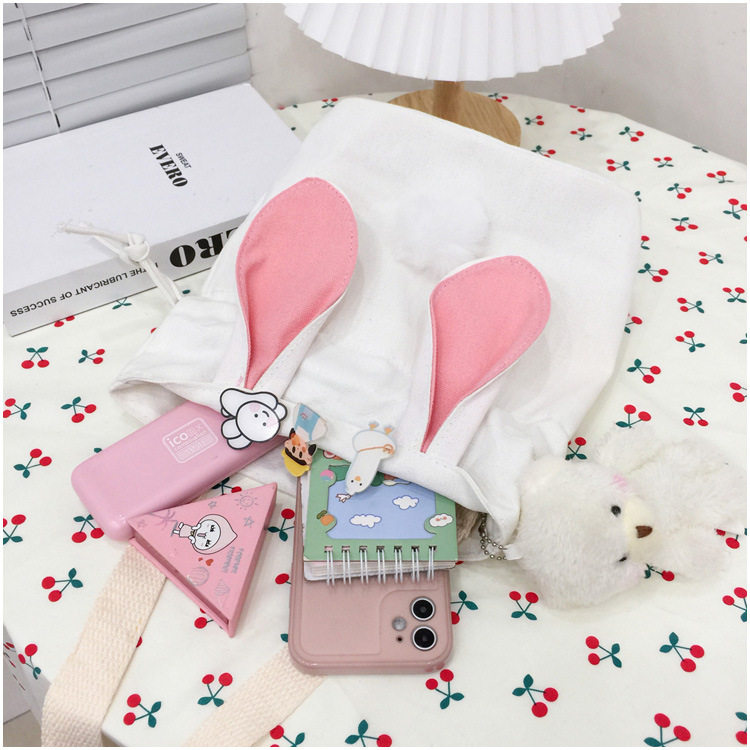 Детская сумка на ремне 春夏新款学生帆布小包包甜美淑女撞色单肩包可爱潮挂件抽绳斜挎包 Jifanpaul