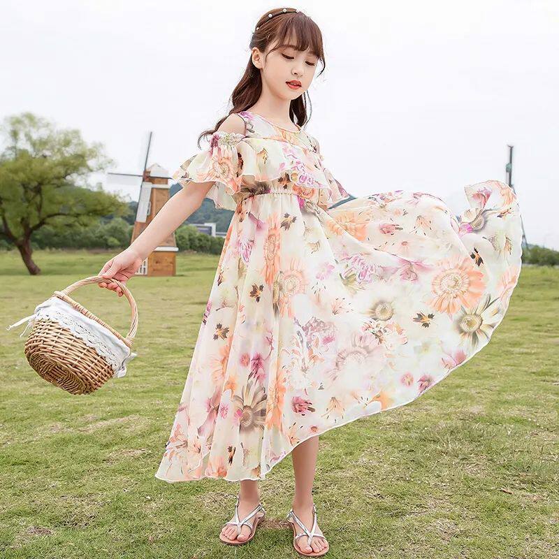 CUHK children's chiffon floral dress 2022 new girls' summer dress long skirt children's dress princess skirt thin summer