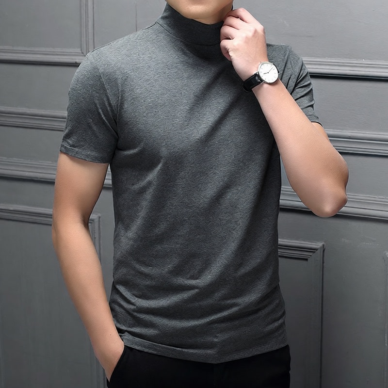 Summer 2026 New Men's Half-Turtleneck Short-Sleeve Slim-Fit T-Shirt, Solid Color High-Neck Casual Versatile Trendy Base Shirt