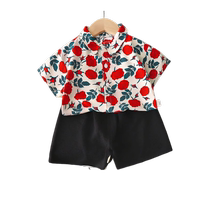 Boys flower shirt suit rose flower boys two-piece set handsome street childrens holiday Hong Kong style short-sleeved shirt summer