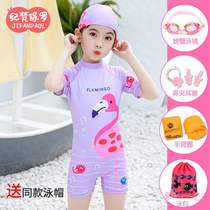 Childrens swimsuit girls girls one-piece professional training small medium and large children ice silk 2024 new beach swimming equipment