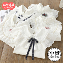 Girls white T-shirt tops autumn childrens lapel pearl shirts middle and older girls lace bottoming shirts