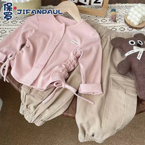 Bottoming shirt slim fit autumn baby girl drawstring casual cardigan T-shirt top girls 2024 autumn coat solid color